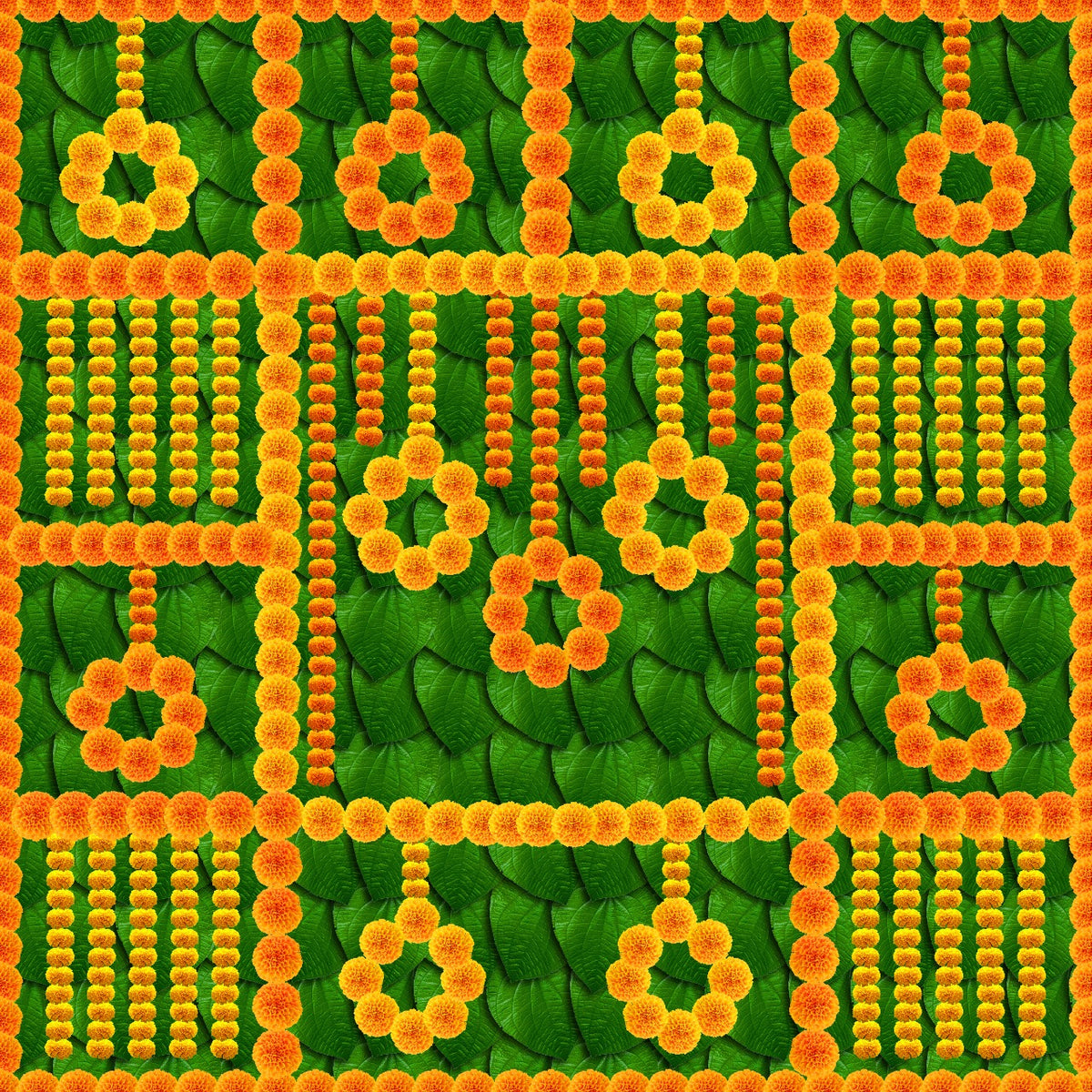South Indian Backdrop: Texture of Banana leaf with marigold flower patterns