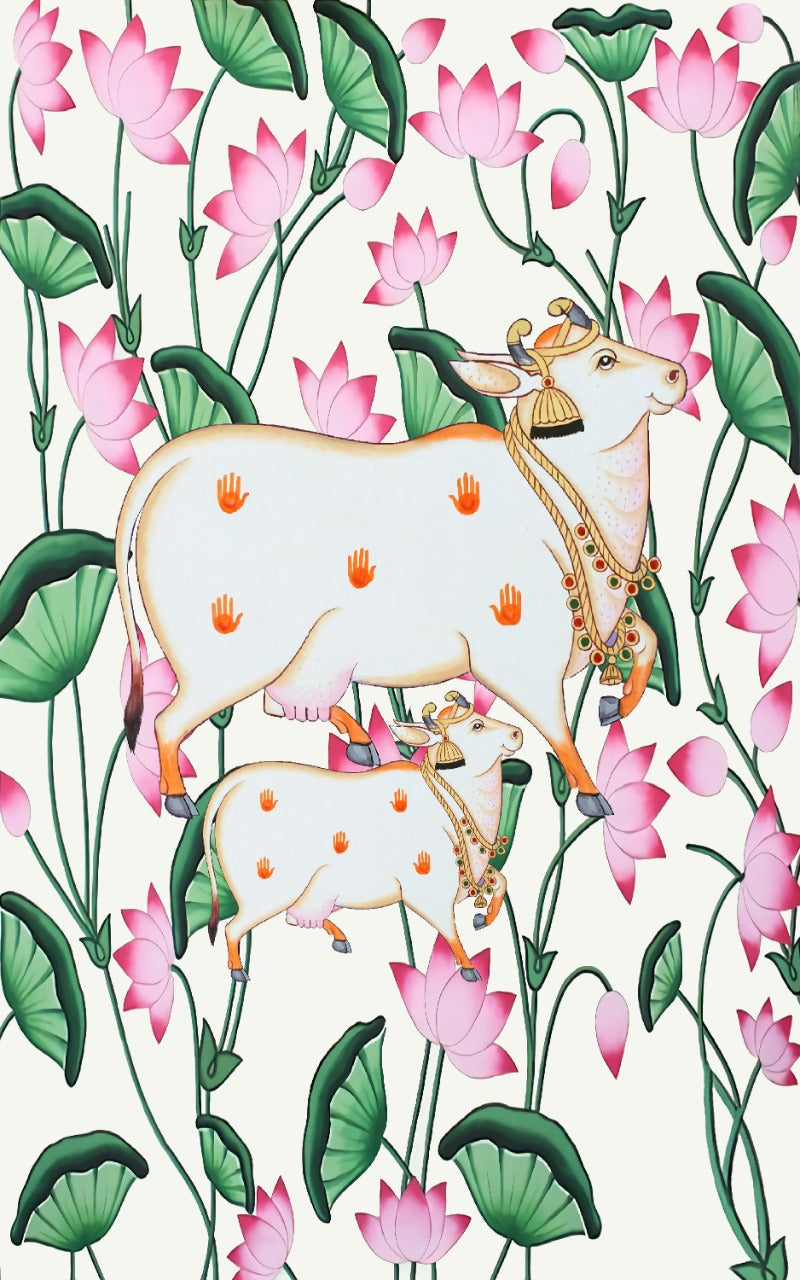 A Pichwai Cow backdrop with Floral print